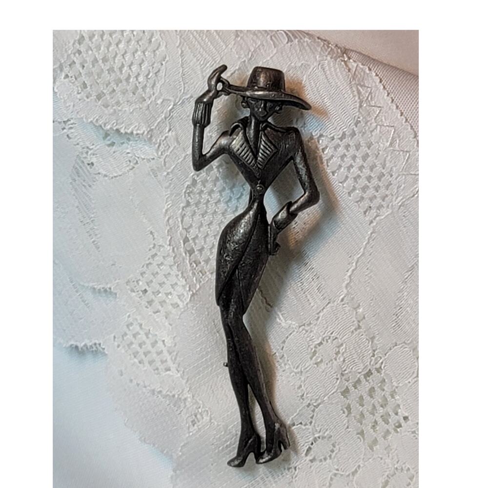 Art Deco Brooch Signed American Jewelry Company Stylish Thin Lady Fedora Pewter